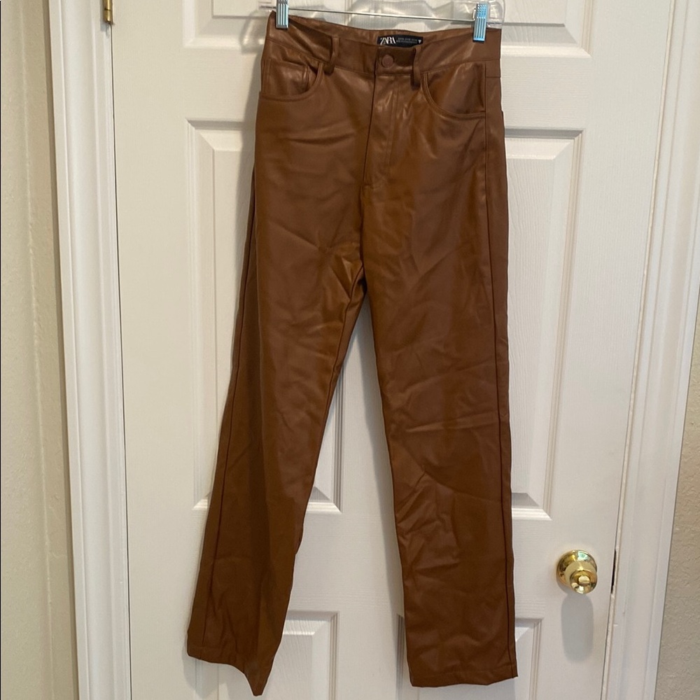 Zara Brown Pleather Straight Leg Pants